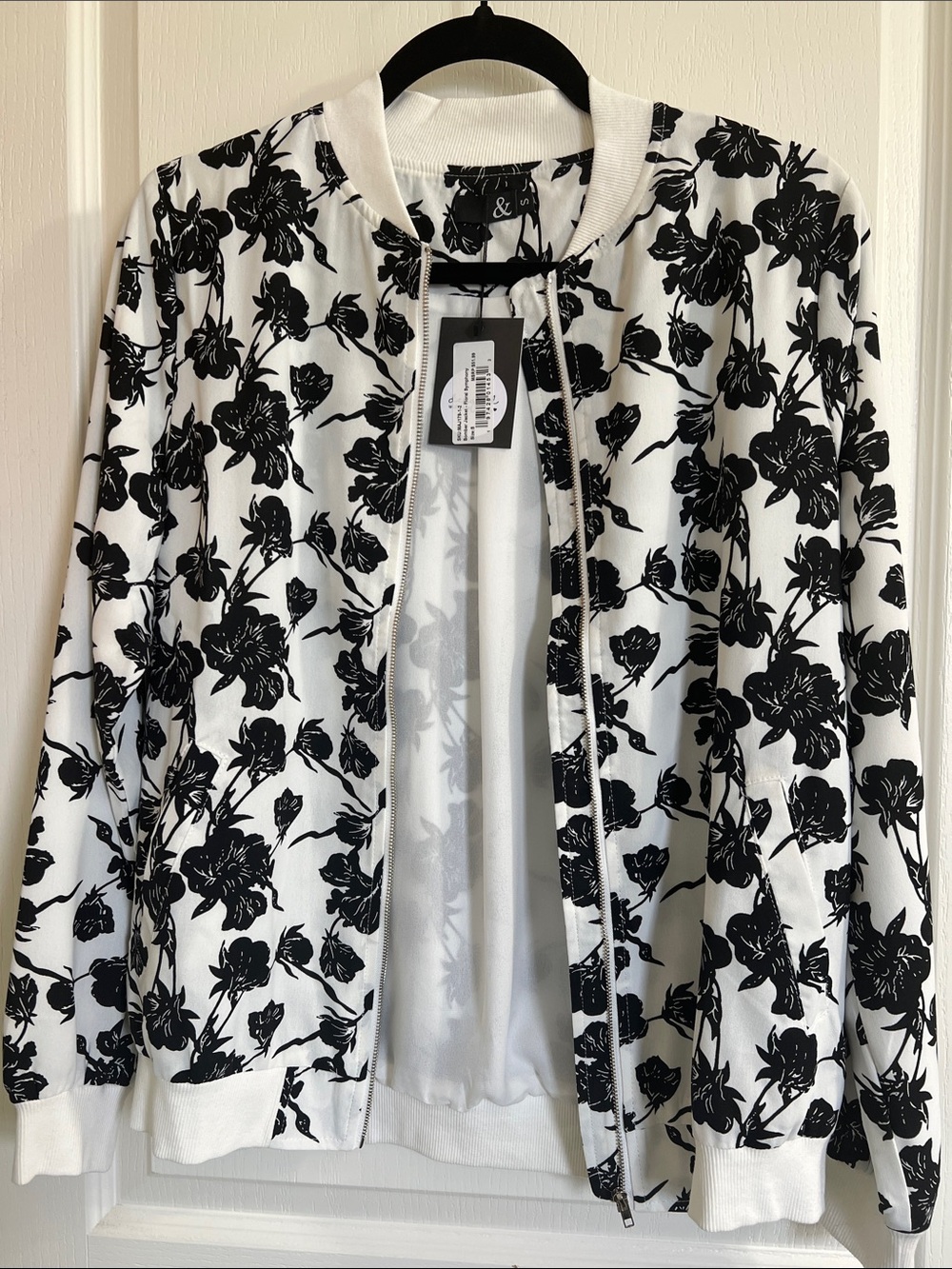 Ampersand Ave White Bomber Jacket with Black Floral Print